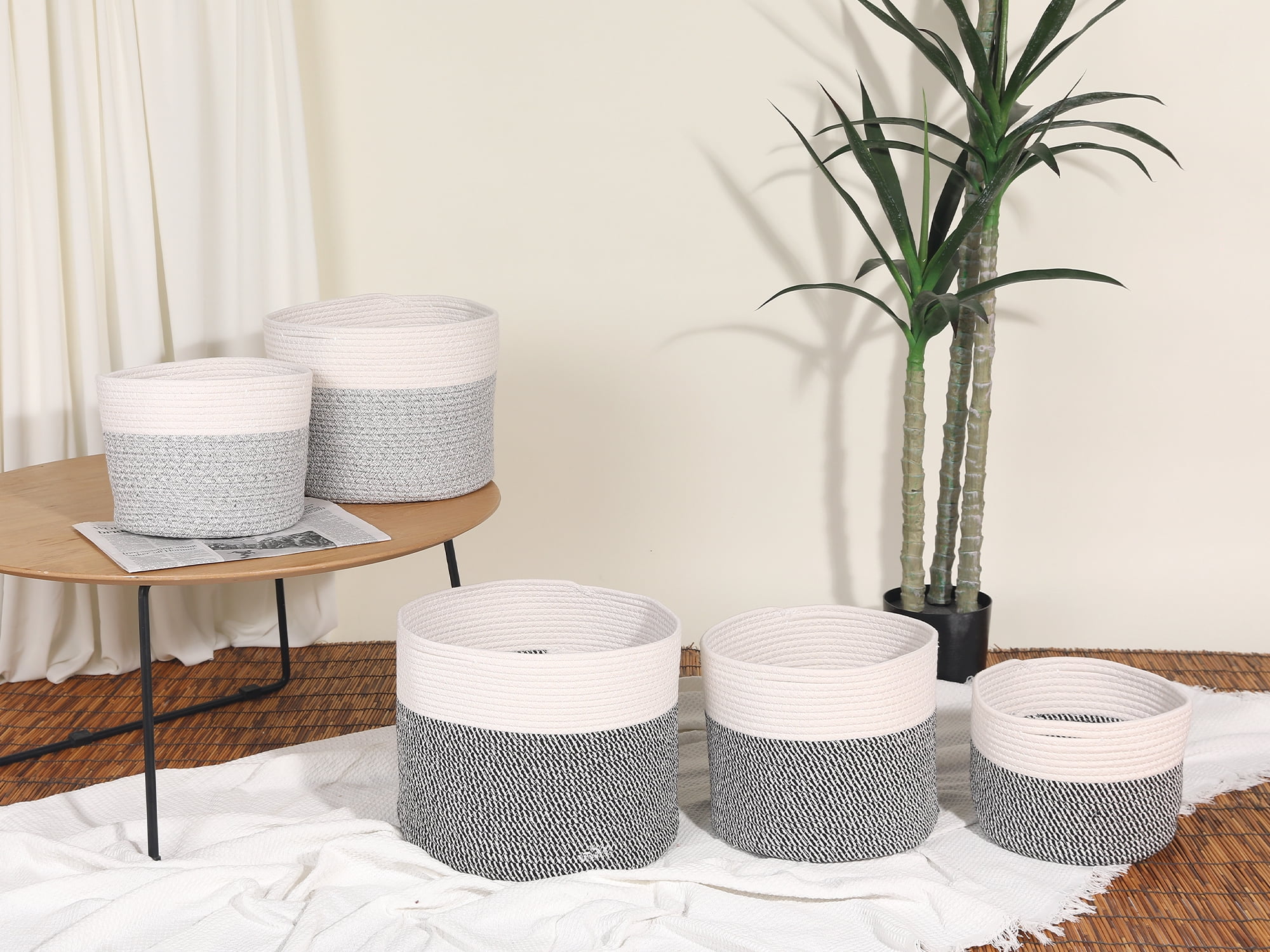 Unique Bargains Woven Storage Basket Bin with Handle for Clothes Home Decor White Grey M