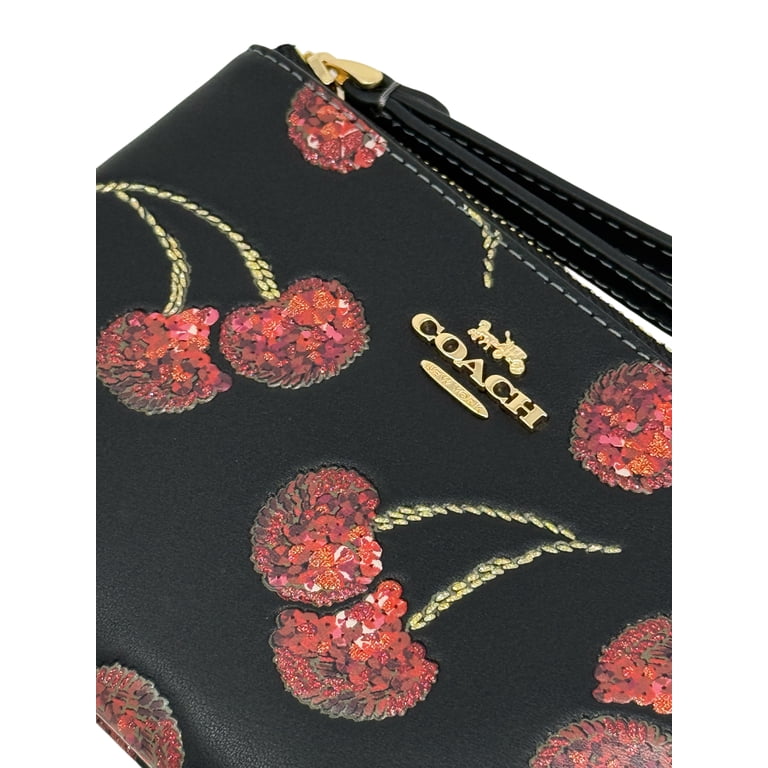 Coach Women's Small Corner Zip Wristlet with Cherry Print (Black