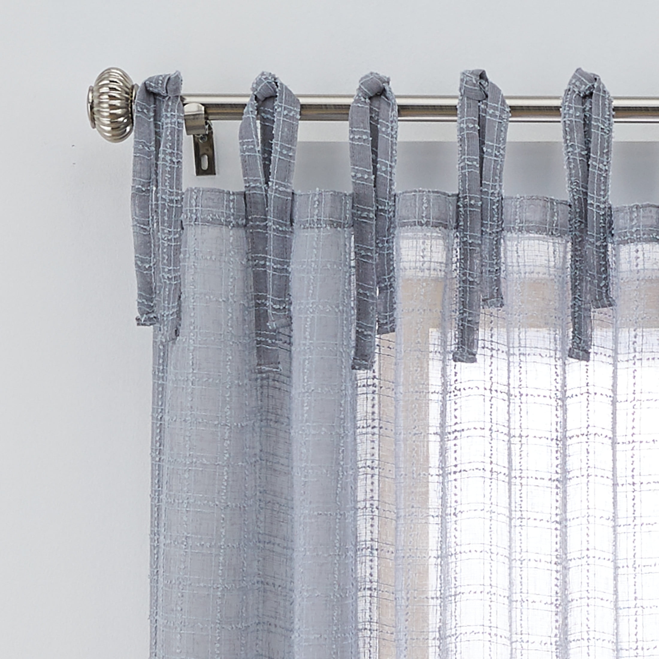Better Homes & Gardens Sheer Windowpane Stitch Tie Top Single Curtain Panel, Soft Silver, 50" W x 84" L