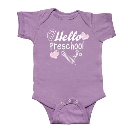 

Inktastic Hello Preschool with Hearts and School Supplies Gift Baby Boy or Baby Girl Bodysuit