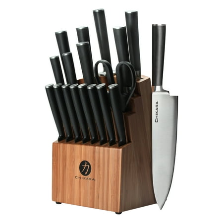 Ginsu Gourmet Chikara Series Forged 19-Piece Japanese Steel Knife Set – Cutlery Set with 420J Stainless Steel Kitchen Knives – Bamboo Finish Block,