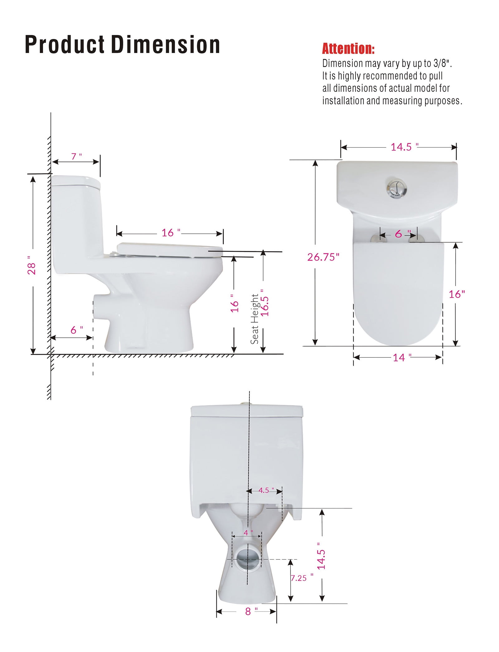 WinZo WZ5011 Rear Outlet One Piece Toilet Round Dual Flush 1.1/1.6 GPF P Trap Wall Discharge for Bathroom Basement, White