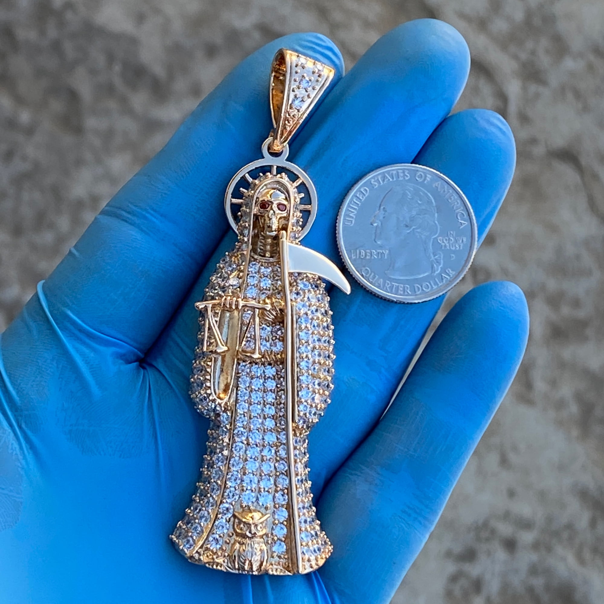 Nuestra Señora De La Santa Muerte Pendant Holy Death Grim Reaper Iced Micro Pave Bling 18k Gold Finish Charm 3.5" inch