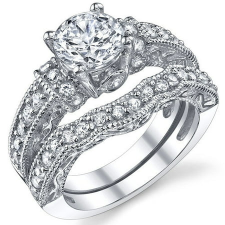 Bonndorf Laboratories Solid Sterling Silver Round Cubic Zirconia Wedding Engagement Bridal Ring Set
