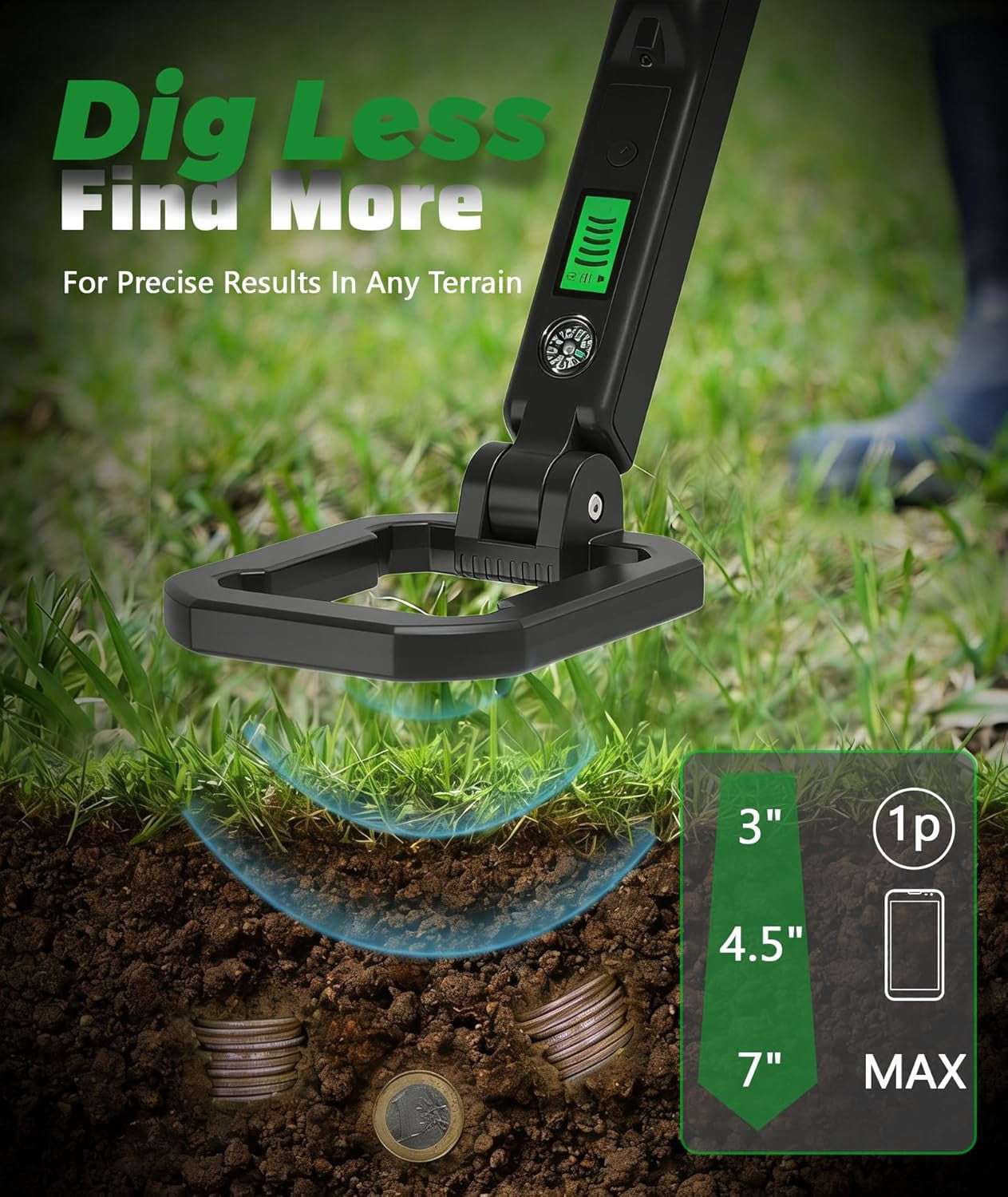 CSONGAZA Foldable Handheld Metal Detector - IP66 Waterproof, Kids & Adults Lightweight Portable 360° Detection Tool with LCD Display, Compass & LED Light