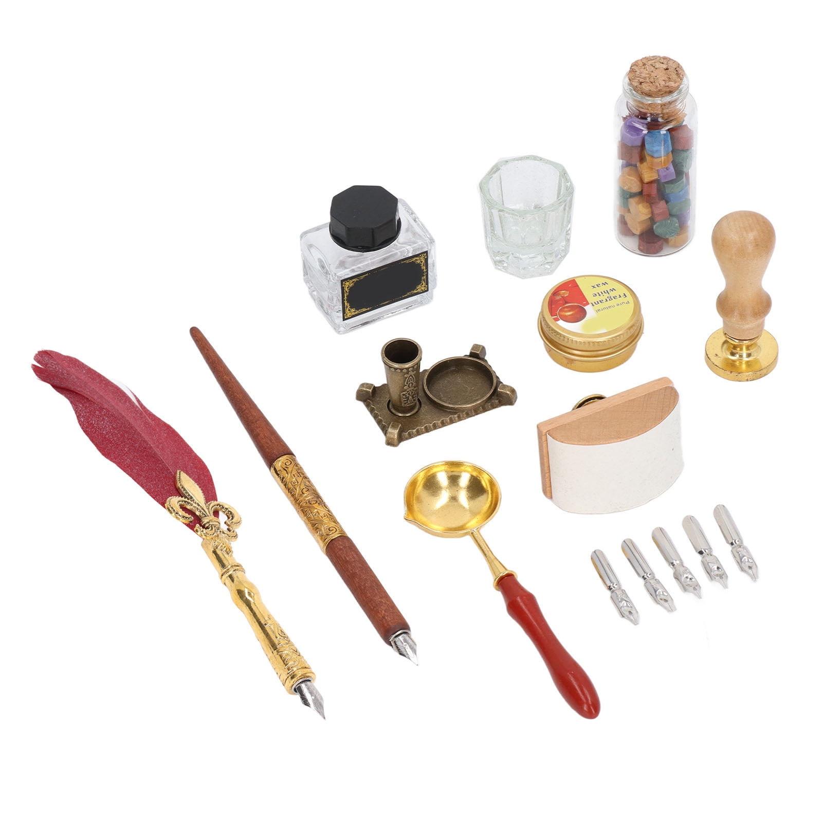 Rupoun Quill Pen and Ink Set Vintage Elegant Glossy Writing Feather Pen Wax Seal Stamp Set Wine Red (11.42 inches / 29 cm)