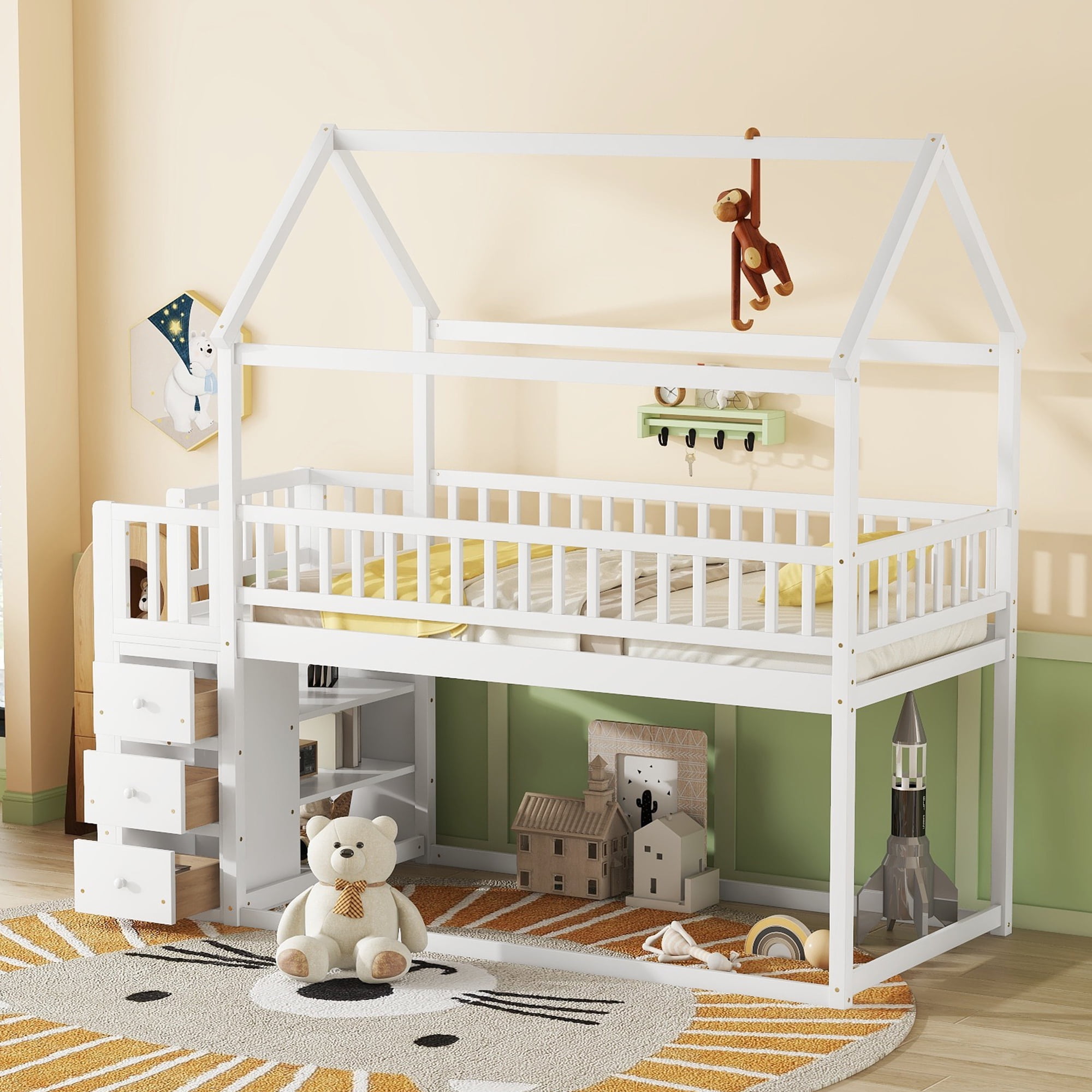 Euroco Twin over Twin Bunk Bed with Wardrobe, Drawer and Shelf, Trundle Bed for Kids Teens Room, White