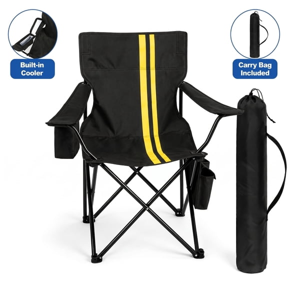 Folding Camping Chair with Built-in Cooler, 350 lb Heavy Duty Portable Outdoor Chair with Cup Holder, Side Pockets and Carry Bag, Black