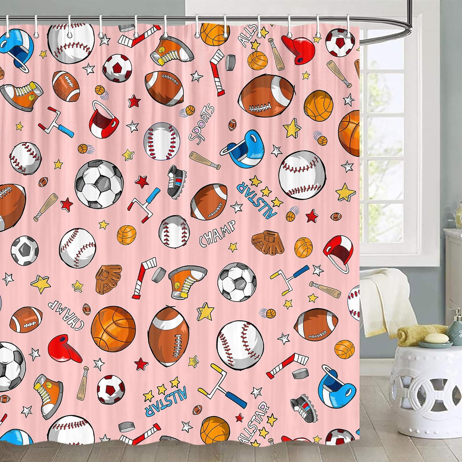 Sports Shower Curtain for Kids Children Teens, Basketball Football Baseball Hockey Star Pink Shower Curtain Sports Bathroom Decor, Fabric Baseball Shower Curtain Set with Hooks (72X84), Pink