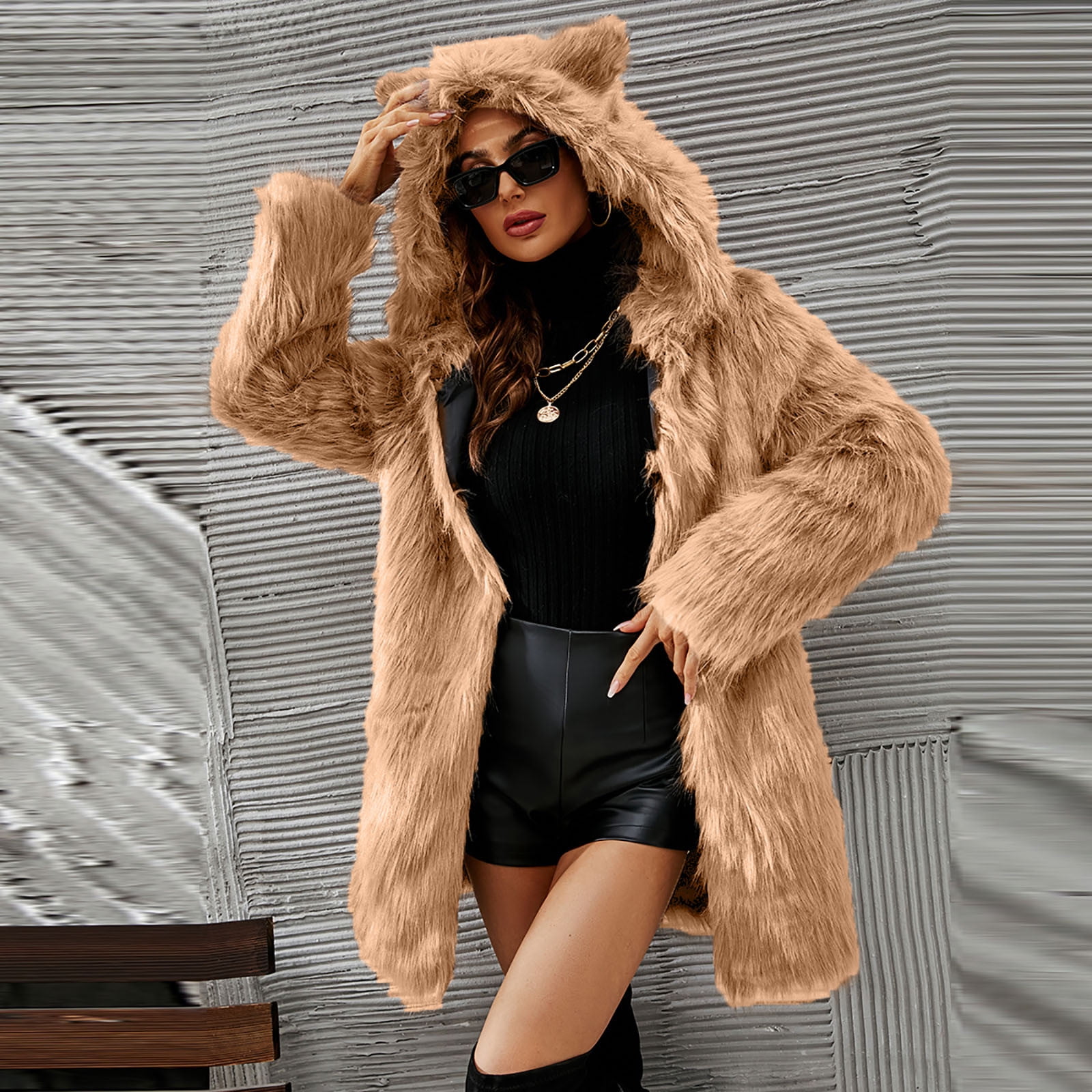 QATAINLAV Winter Jacket for Women Cute Cat Ear Hooded Cardigan Solid Color Faux Fur Open Front Hoodies, Khaki, XL
