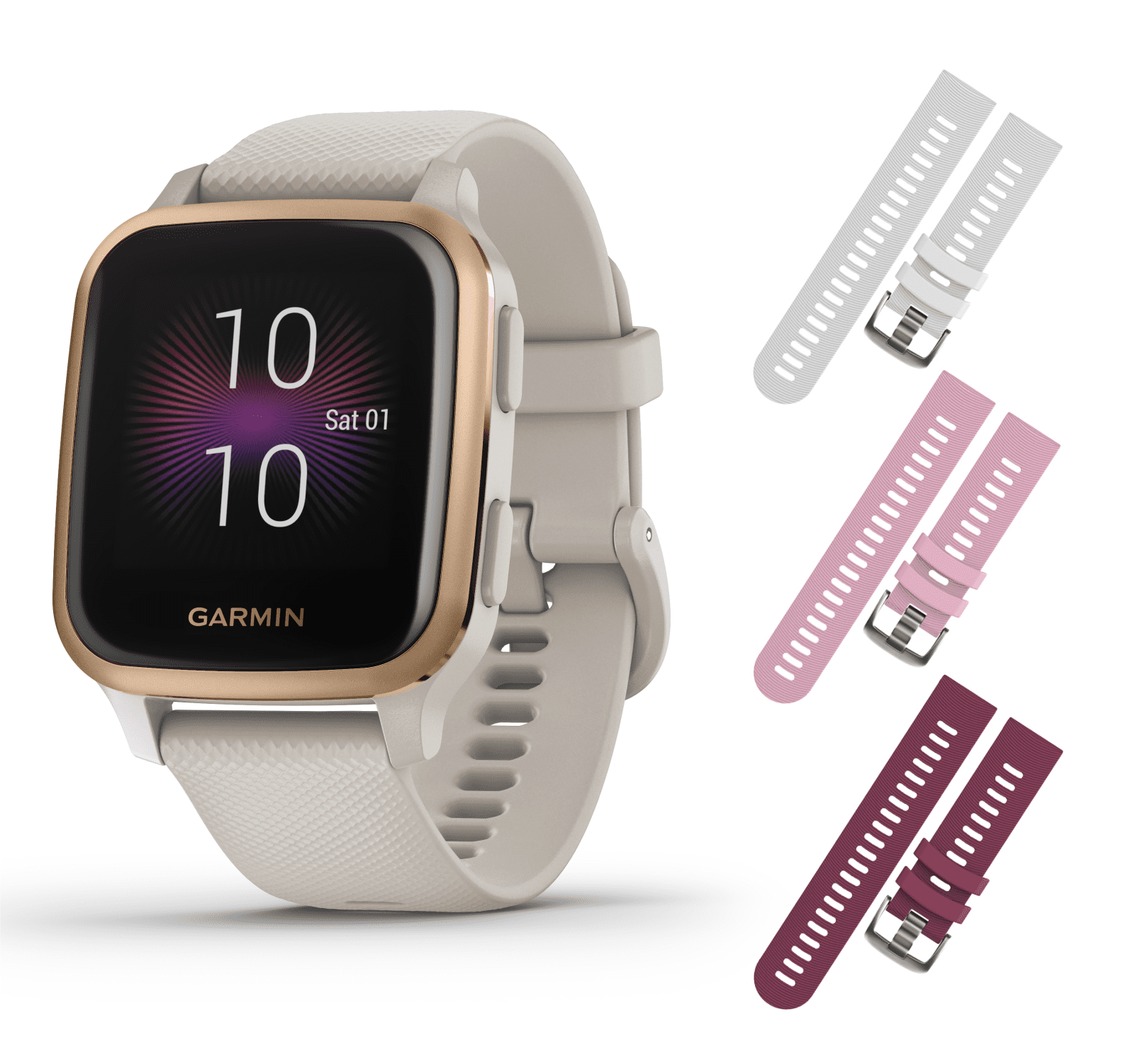 Garmin Venu Sq Music GPS Fitness Smartwatch and Included Wearable4U 3 Straps Bundle White/Pink/Berry, Navy/Light Gold 010-02426-02 