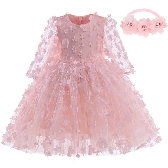 Odeerbi Niñas Vestido Princesa Bordado Floral Tul Vestido Niña Flor Noche Vestidos Formales Bebé Vestido de Fiesta Manga Larga Con Cinta En La Cabeza