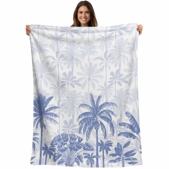 Flannel Fleece Throw Blanket Summer Palm Tree Vintage Blue Lightweight Soft Plush Blankets,Tropical Plant Cozy Warm Throw Blanket for Couch Sofa Bed Car Office All Season Use 40x50in