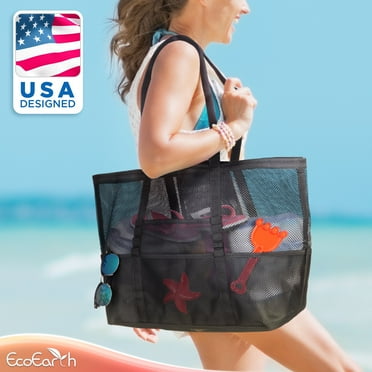 Nylon Mesh Beach Bag Tote Bag for Women, Foldable Swim Large Beach Tote Pool Bag with Zipper Pockets Waterproof Sandproof, Black, by EcoEarth