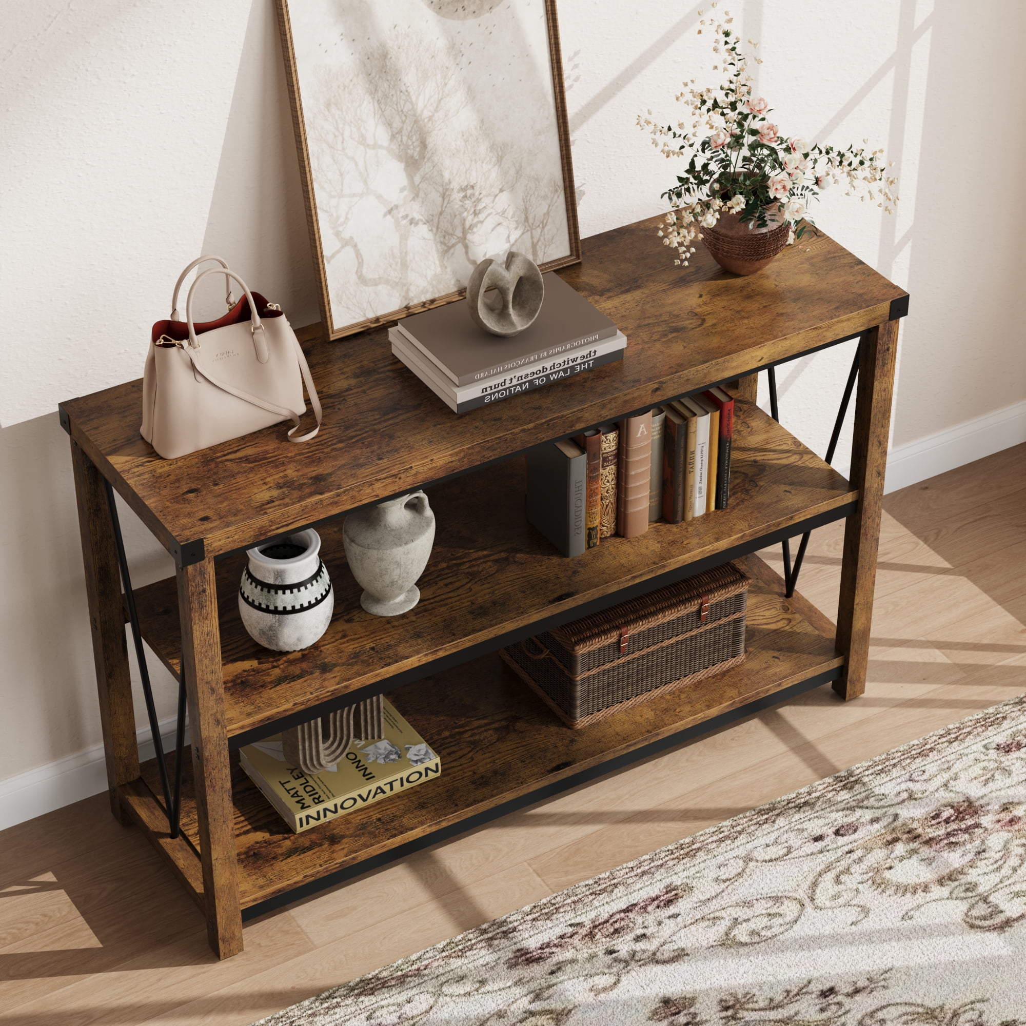 M optimized Farmhouse Entryway Table, 47" Narrow Long Console Table with Storage, 3 Tier Wood Console Table for Living Room, Behind Couch Table, Hallway Table for Foyer, Entryway Furniture