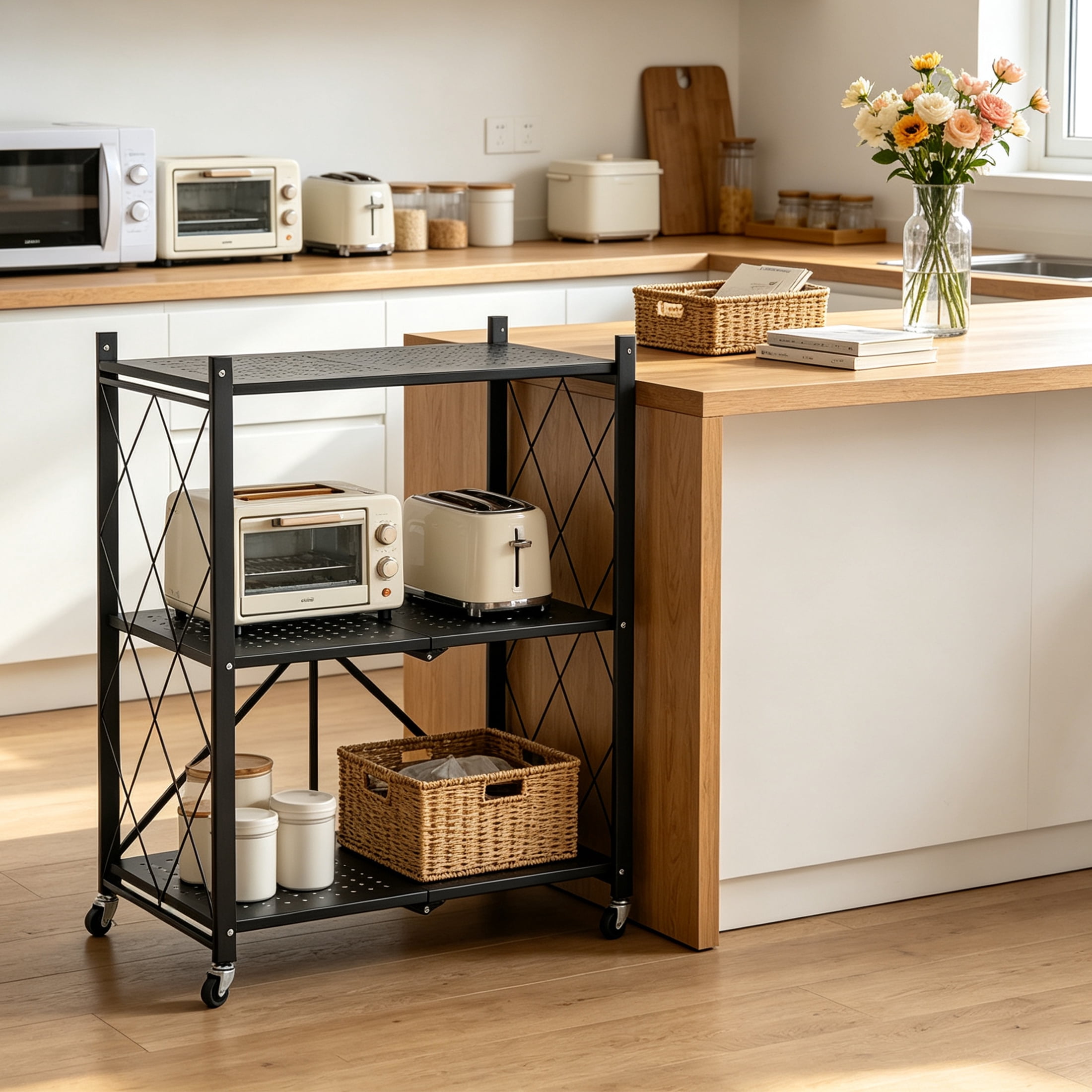 GARITIN 3‑Tier Rolling Storage Rack with Wheels, Foldable Heavy‑Duty Metal Storage Shelves, Organizer Shelf for Kitchen Living Room, Black