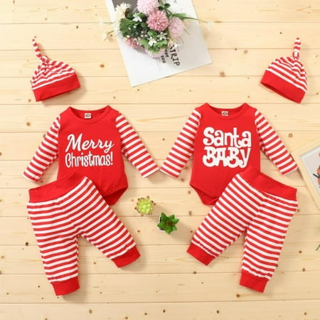 

3Pcs Set Newborn Baby Girls Boys Pajamas Christmas Letter Romper Hat Outfits