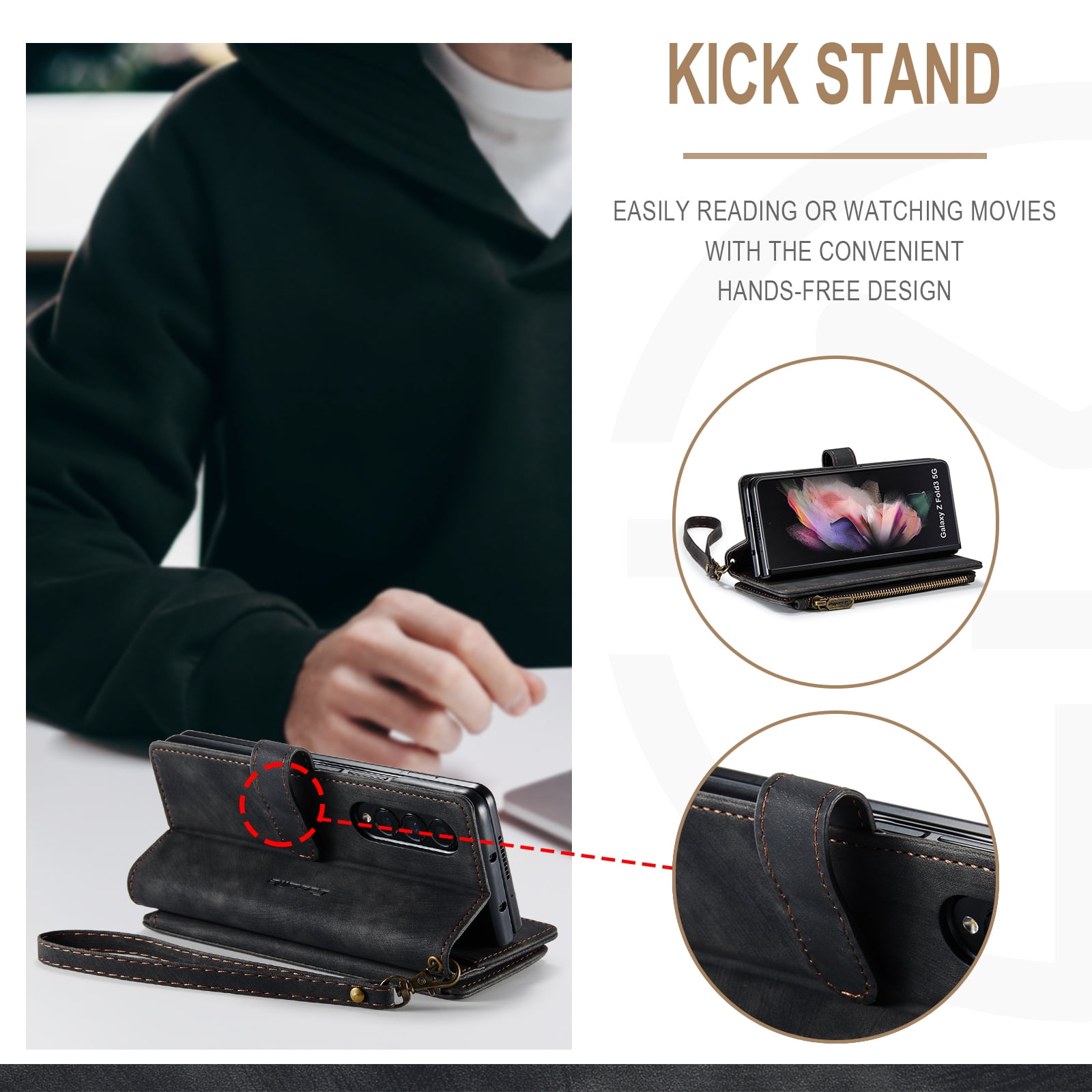 Dteck for Samsung Galaxy Z Fold3 Case, Heavy Duty PU Leather Card Wallet Case with Wrist Strap, Black