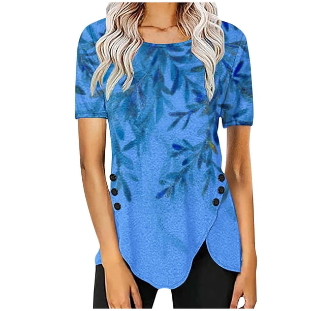 Blusas de Manga Corta para las Mujeres Botón Impreso Cuello Redondo Top Casual, Blusas para las Mujeres Casual