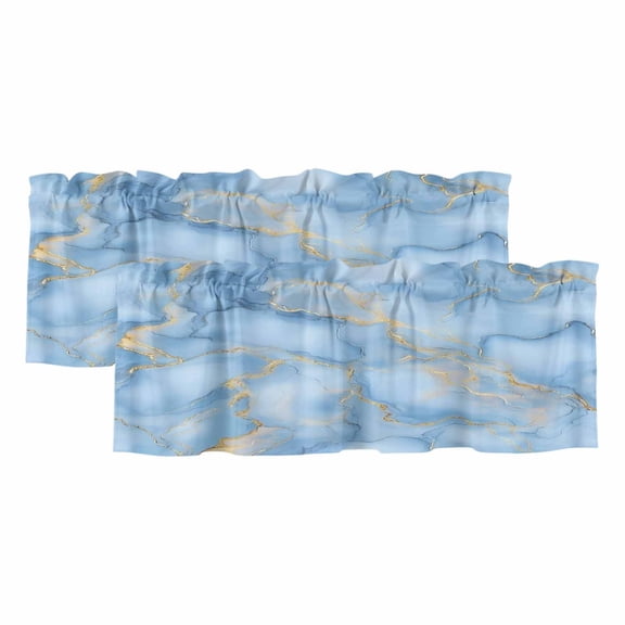Light Blue Marble Curtain Valances for Windows, Kitchen Valance Window Treatments Panel 2 Pack, Ink Painting Art Luxury Modern Rod Pocket Short Curtains for Bathroom Bedroom 42 x 12 Inch