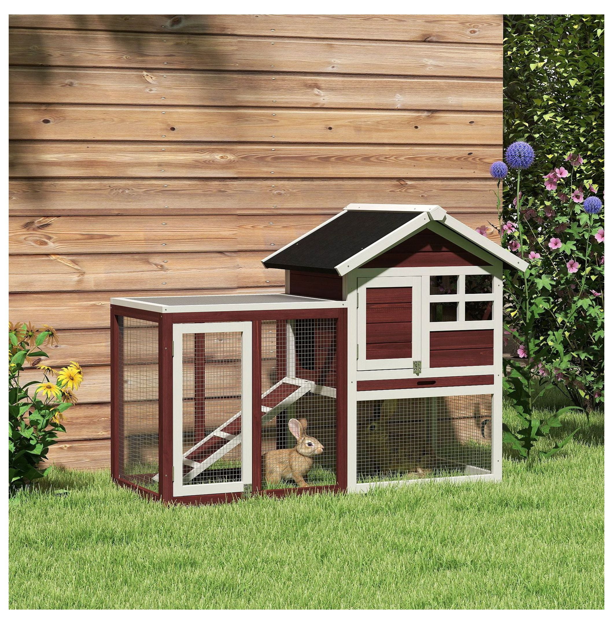 PawHut Large 48" Wooden Bunny Hutch with Weatherproof Asphalt Roof, Spacious Outdoor Rabbit Cage, Detachable Tray and Ramp, Natural Habitat, Brown