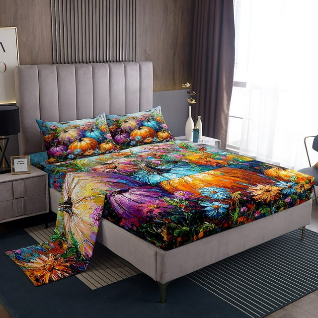Erosebridal Ensemble de Draps à Imprimé Citrouille Format Simple, Ensemble de Draps Récolte d'Automne Simple, Ensembles de Draps Simple à Motif Floral Rétro, Décor de Chambre Ultra Doux, 3 Pcs
