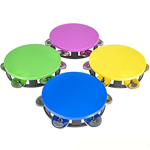 Kicko - Juego de 4 panderetas de plástico de neón, 5,5 pulgadas, coloridas piezas surtidas de instrumentos musicales para celebraciones de fiestas, coros de iglesias y escuelas, regalos de fiestas y j Kicko 712376856258