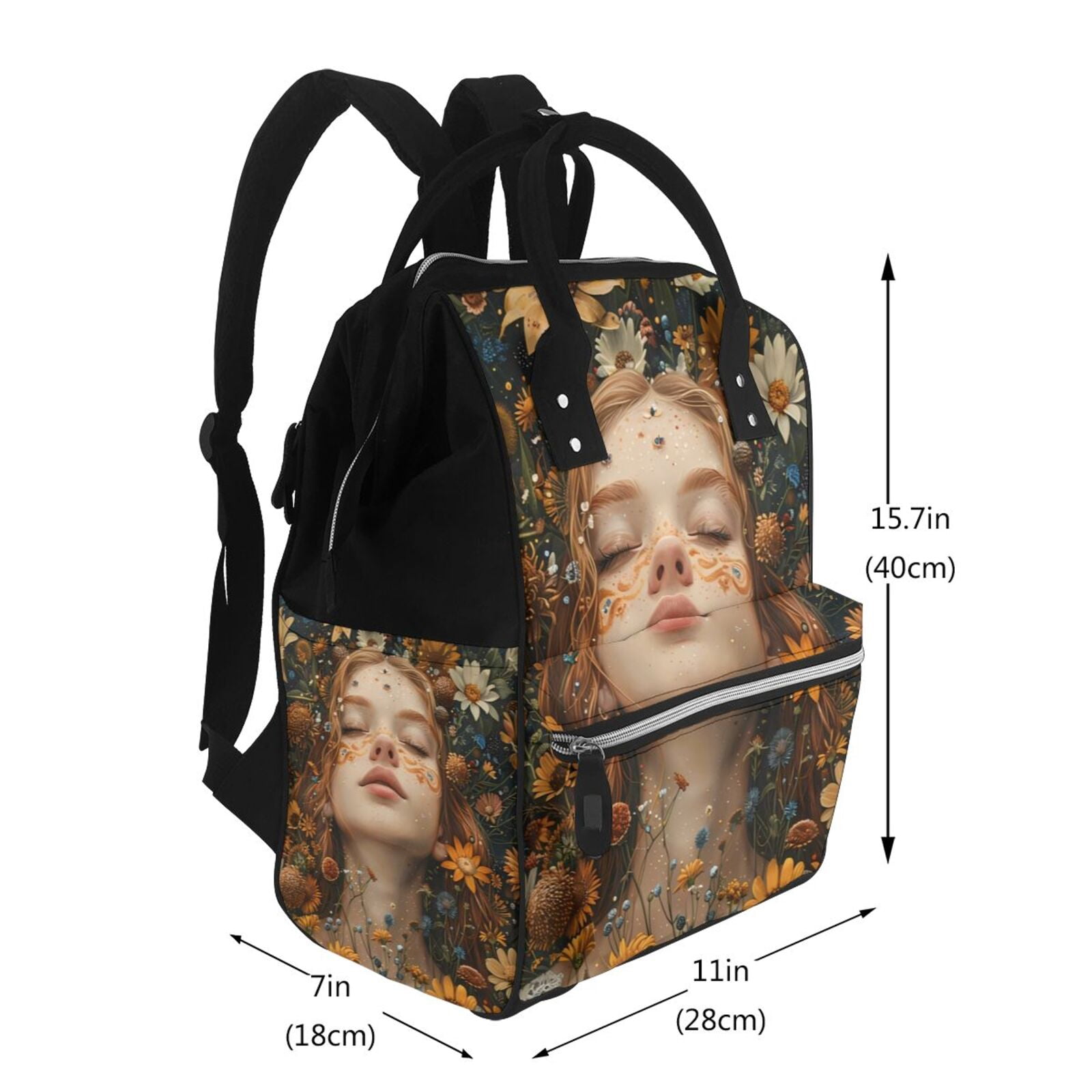 Fuzoiu Whimsical Flower Crown Maiden Print Diaper Bag Backpack,Baby Essentials Travel Tote,Multi function Waterproof Diaper Bag, Travel Essentials Baby Bag - Unisex