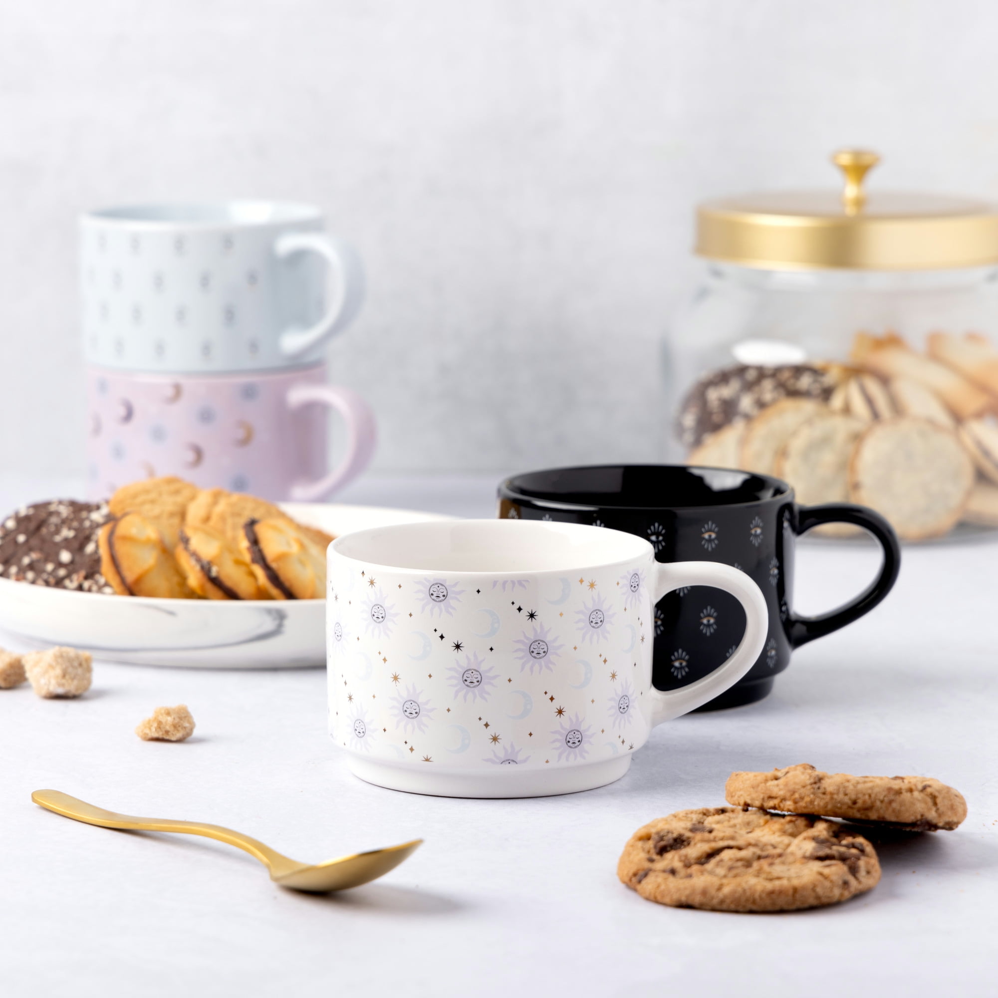 Thyme & Table 4 Pack Stacking Celestial Mugs, Assorted Colors 11.1 fl oz, Stoneware