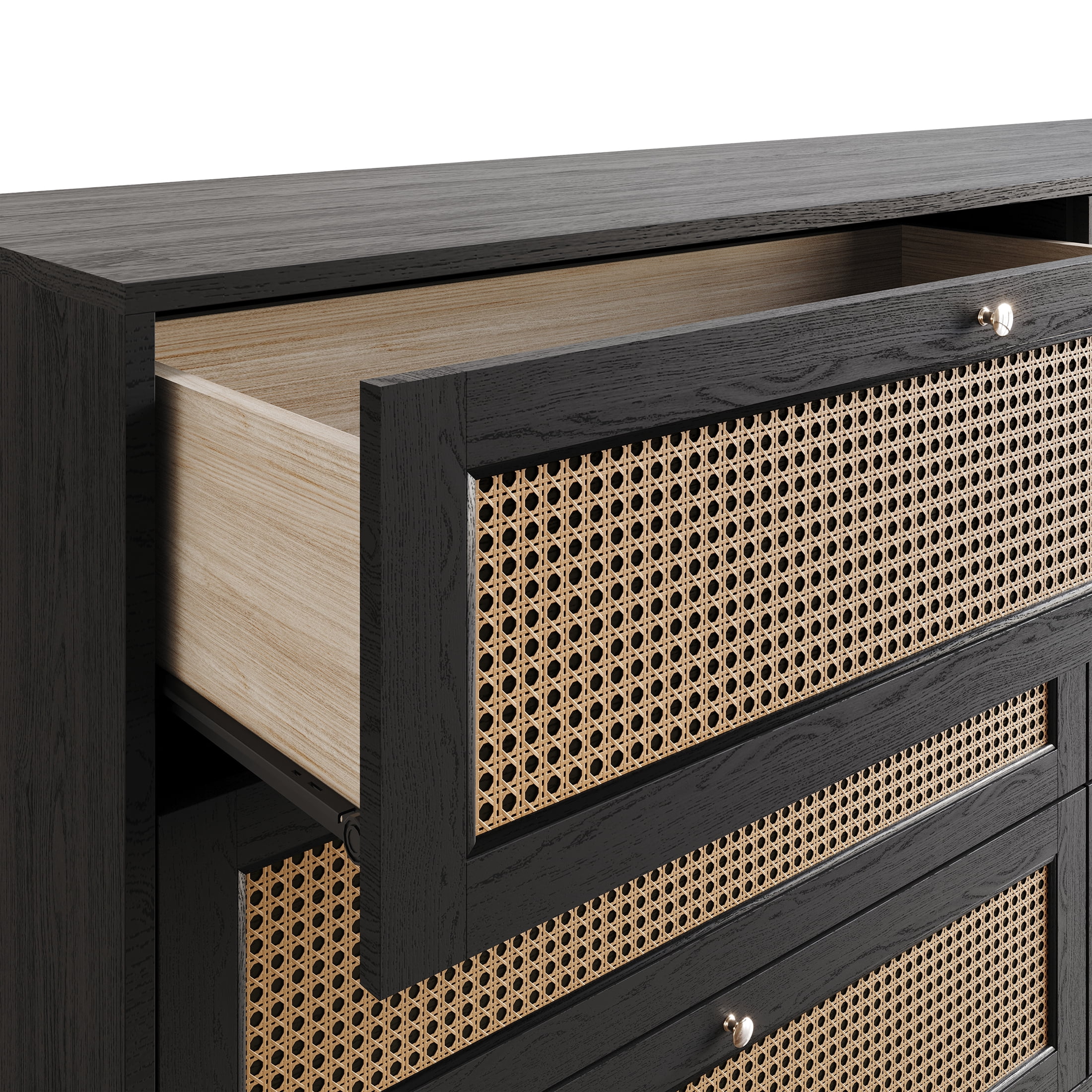 Castle Place Rattan 2 Drawers Wooden Nightstand, Black