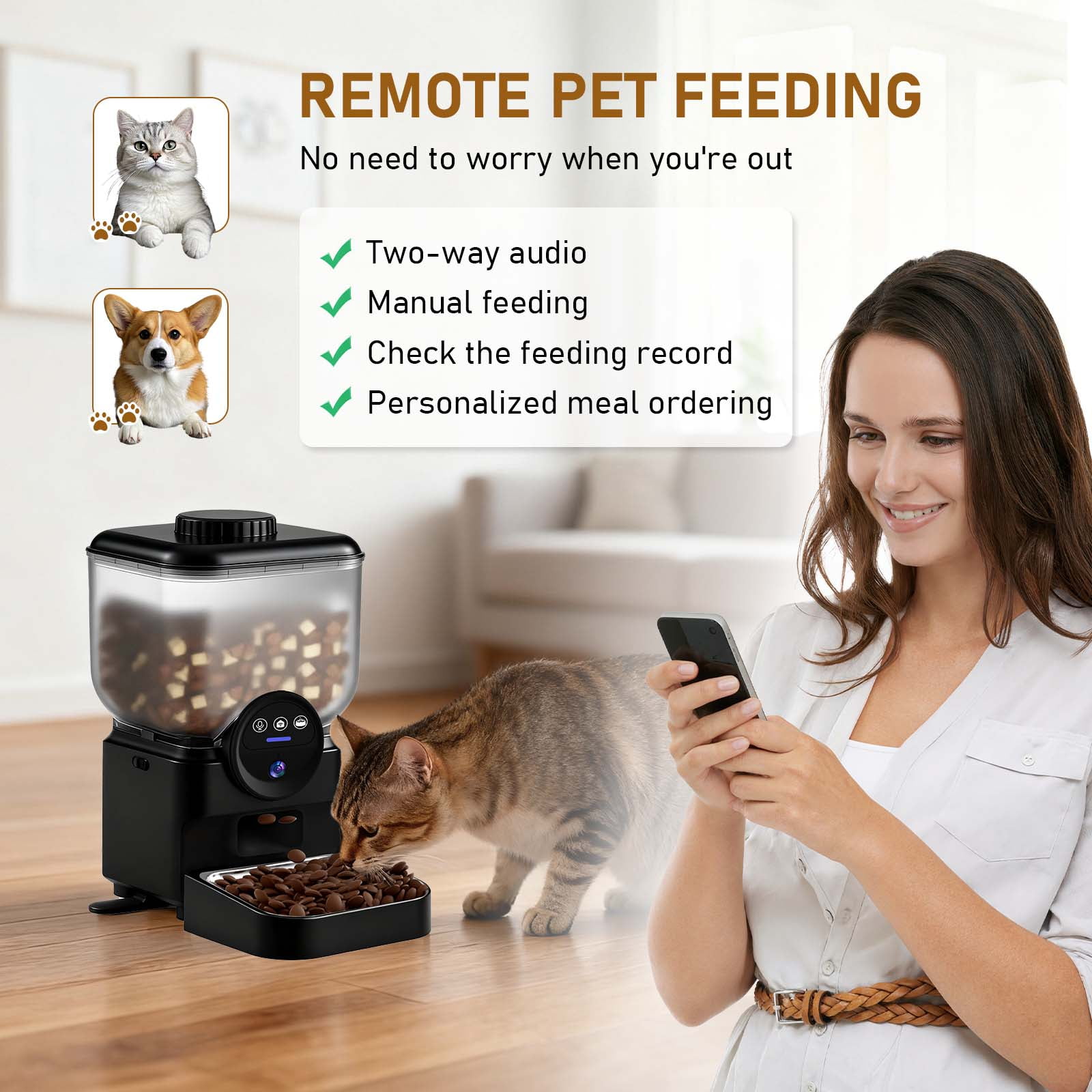 Eurhowing Smart WiFi Pet Feeder with 1080P HD Camera, 6.5L Automatic Cat Feeder Dog Food Dispenser with Night Vision & 2-Way Audio, App Control, Timer, Dual Power, Black