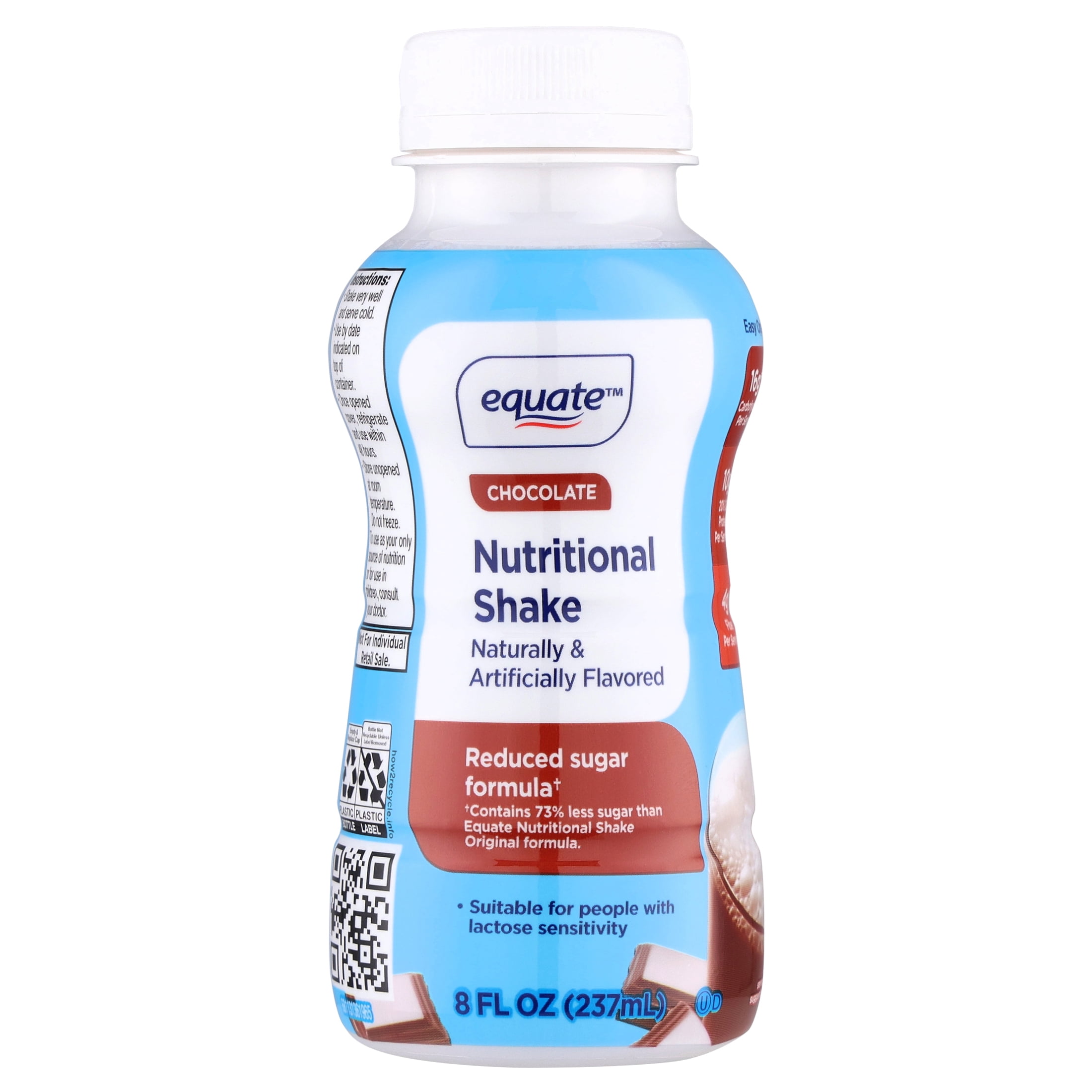 (4 pack) Equate Reduced Sugar Formula Nutritional Shakes, Chocolate, 8 fl oz, 6 Count