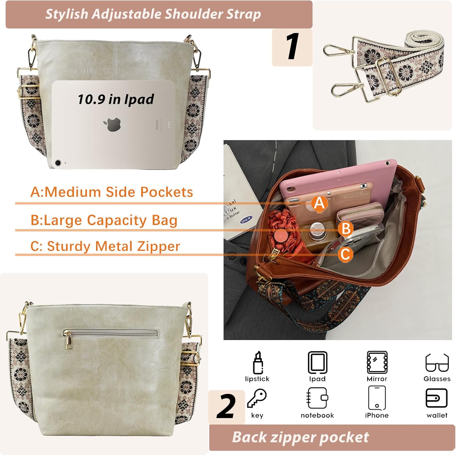 Kwuty Hobo Bags Vegan Leather Crossbody Bag Guitar Strap Shoulder Purses with Zipper Handbags for Women