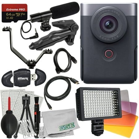 Ultimaxx Advanced Canon PowerShot V10 Vlog Camera Bundle (Silver) - Includes: 64GB Extreme Pro Micro Memory Card, Condenser Video Microphone & More (17pc Bundle)