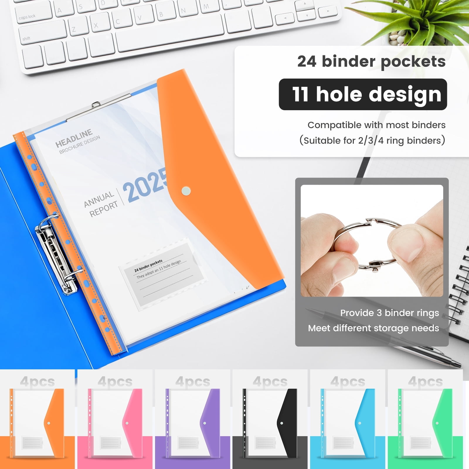 FUYGRCJ 24 Pack Binder Pocket, Plastic Envelopes Binder Folders, 11 Holes Expandable Binder Folders, Document Pouch with Snap Button and Label Loose, Leaf Transparent Binder Pockets