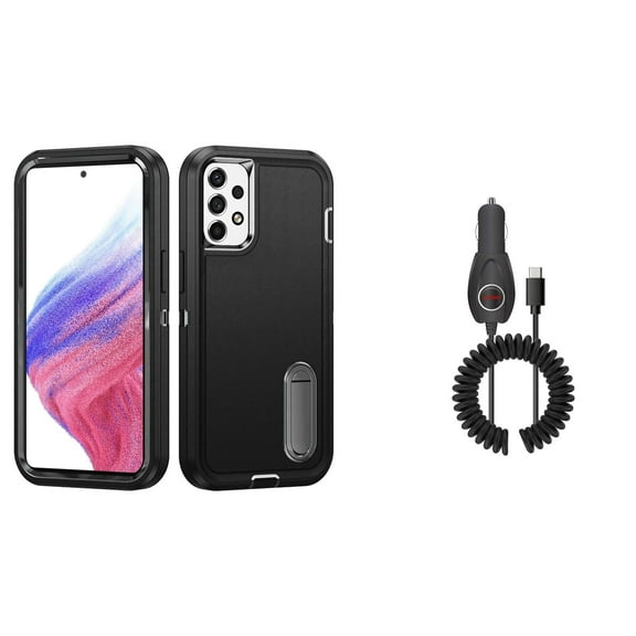 BD Tough Rugged Cover Designed for Samsung Galaxy A53 5G Case - (Black) Impact Resistant Hybrid Protector Stand Case with 15W Fast Charging Type-C (USB-C) Power Adapter Car Charger (5.7 Foot)