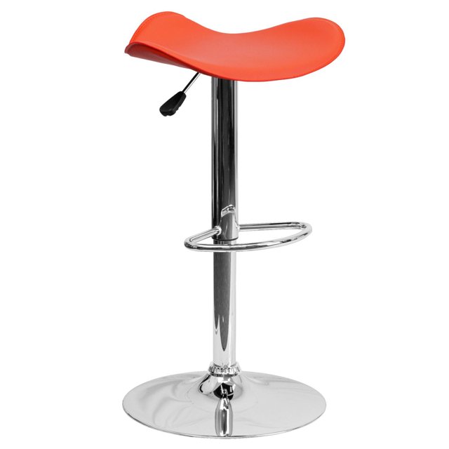 Contemporary Orange Vinyl Adjustable Height Barstool with Wavy Seat and Chrome Base