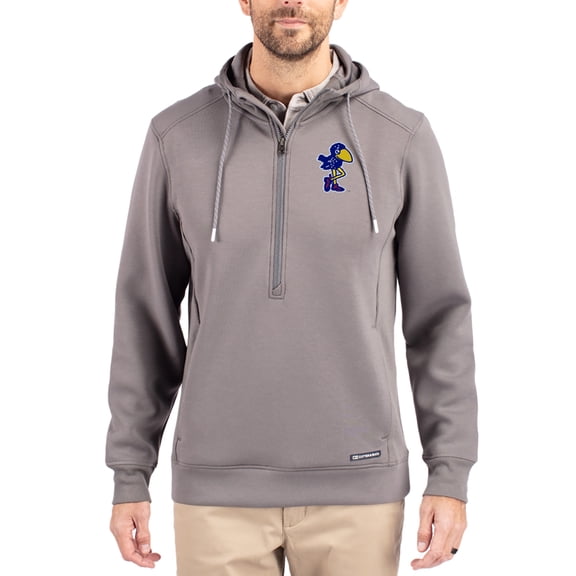 Men's-Cutter & Buck Gray Kansas Jayhawks Roam Eco Recycled Half-Zip Pullover Hoodie