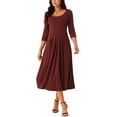thumbnail image 2 of INSPIRE CHIC Vestido largo casual con mangas 3/4 y cuello redondo, plisado, con bolsillos, talla XL, color rojo vino, 2 of 5