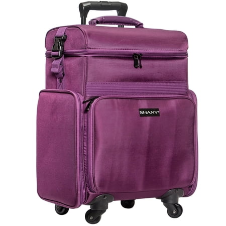 SHANY Soft Rolling Makeup Trolley Case - Multi Compartment with Laptop/iPad Holder - Set of 3 Free Cosmetic Organizers - 360 Wheels - PURPLE
