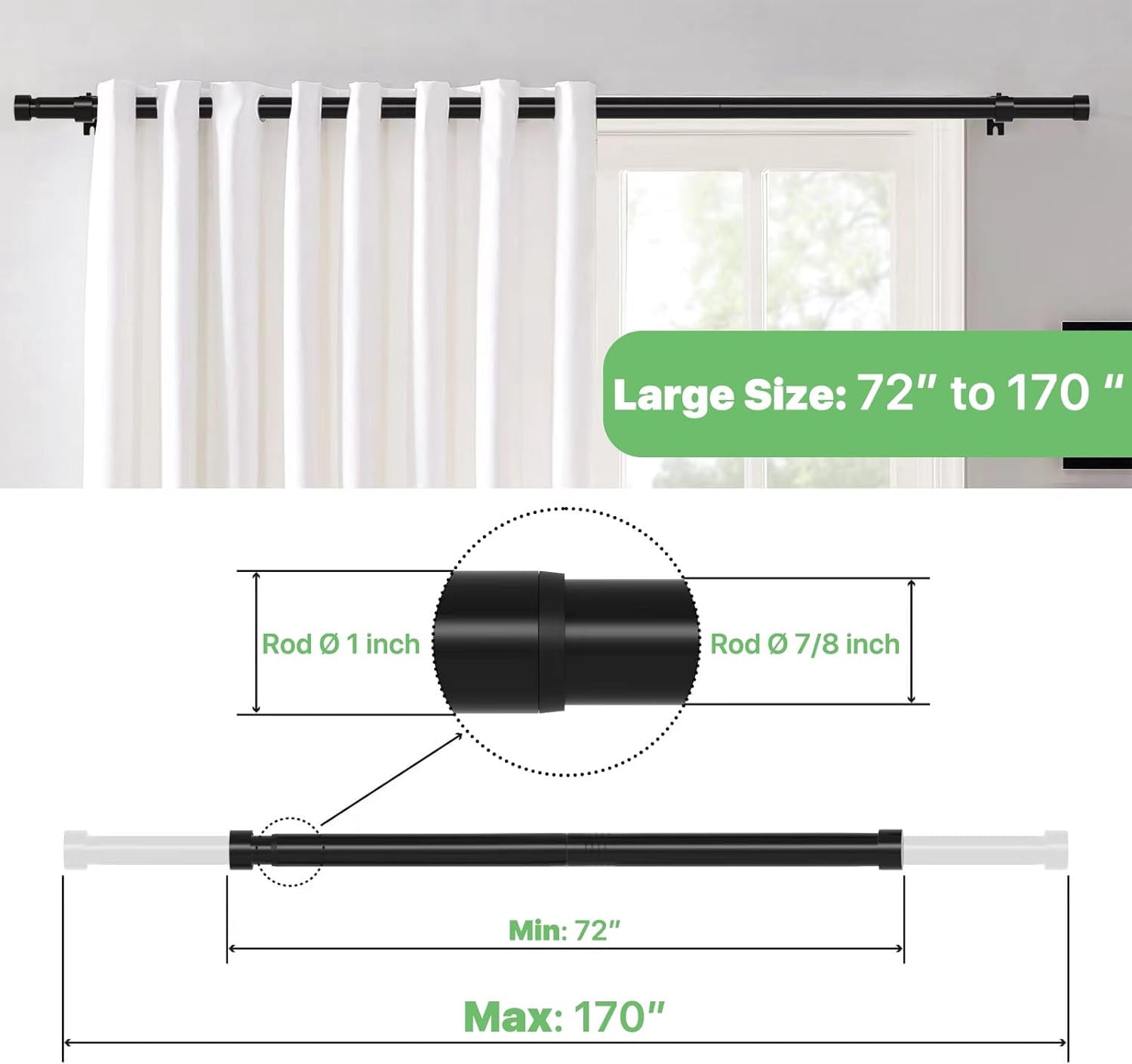 Extra Long Curtain Rods 120-inch To 170-inch, 1" Heavy Duty Black Curtain Rod for Windows Outdoor Pato, Living Room, Bedroom, Metal Modern Drapery Pole with End Caps, 10 to 14.2 ft Drapery Rod