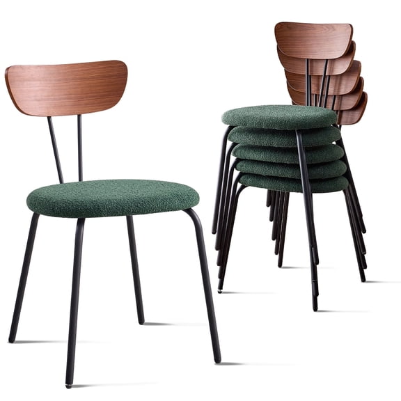 Stackable Dining Chairs Set of 6, Small Modern Kitchen Chair With Solid Wood Back, Space Saving Fabric Chairs For Apartment, Living Room, Bedroom, Green