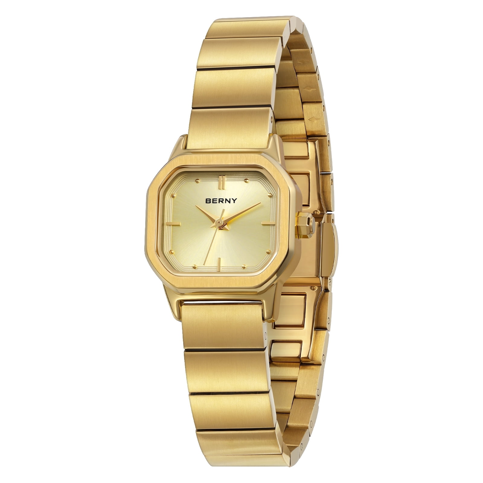 BERNY Small Gold Watches for Women, Dainty Minimalist Dress Watch with Square Dial, Vintage Stainless Steel Bracelet Watch Waterproof, Ladies Luxury Gifts (Gold)