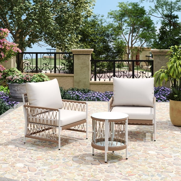 Christopher Knight Home 3-Piece Boho Outdoor Lounge Chair Set with Side Table, Handwoven Rope, and Steel Frame, Beige and Natural