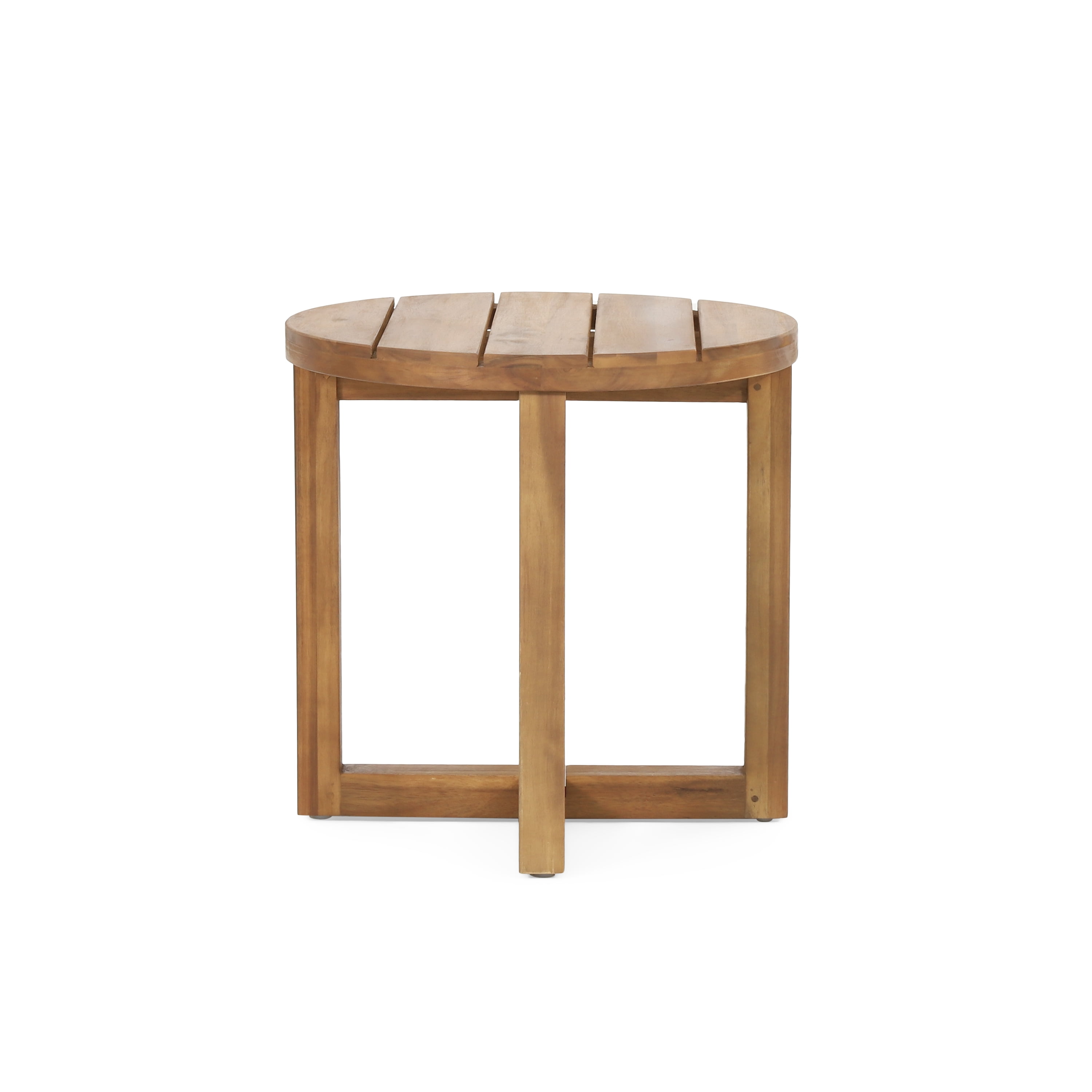 Euroco Round Outdoor Side Table, Solid Acacia Wood with Slatted Top and Cross-Leg Base, Patio Accent Table for Backyard or Balcony