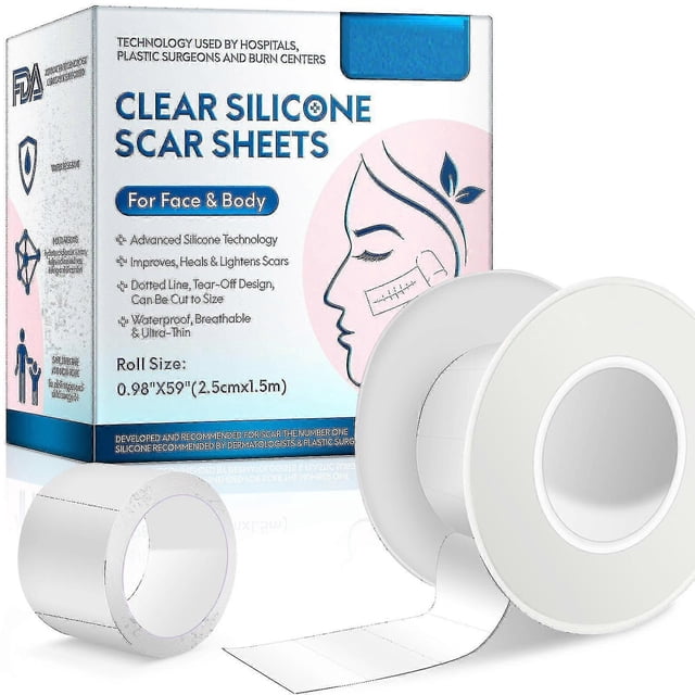 láminas de silicona para cicatrices (2,5 cm x 1,5 m) cinta adhesiva transparente mejorada para cicatrices, rollo translúcido con tiras recortables frente a caja que muestra uso para rostro y cuerpo; lámina lisa y flexible de silicona de grado médico, sin látex, reutilizable y lavable; adecuada para cicatrices quirúrgicas, de cesárea y de acné; se corta al largo deseado, se despega y aplica sin dolor; adecuada también para proteger pequeñas prótesis cosméticas durante viajes.