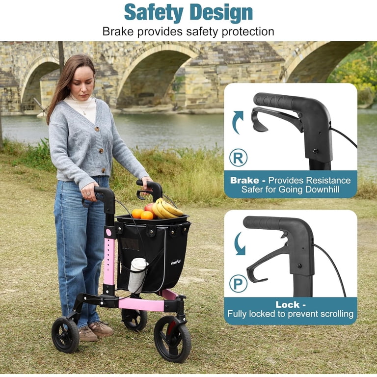 StrollAid, 3 Wheel Foldable Walkers for Seniors, Pink, 10-inch Big