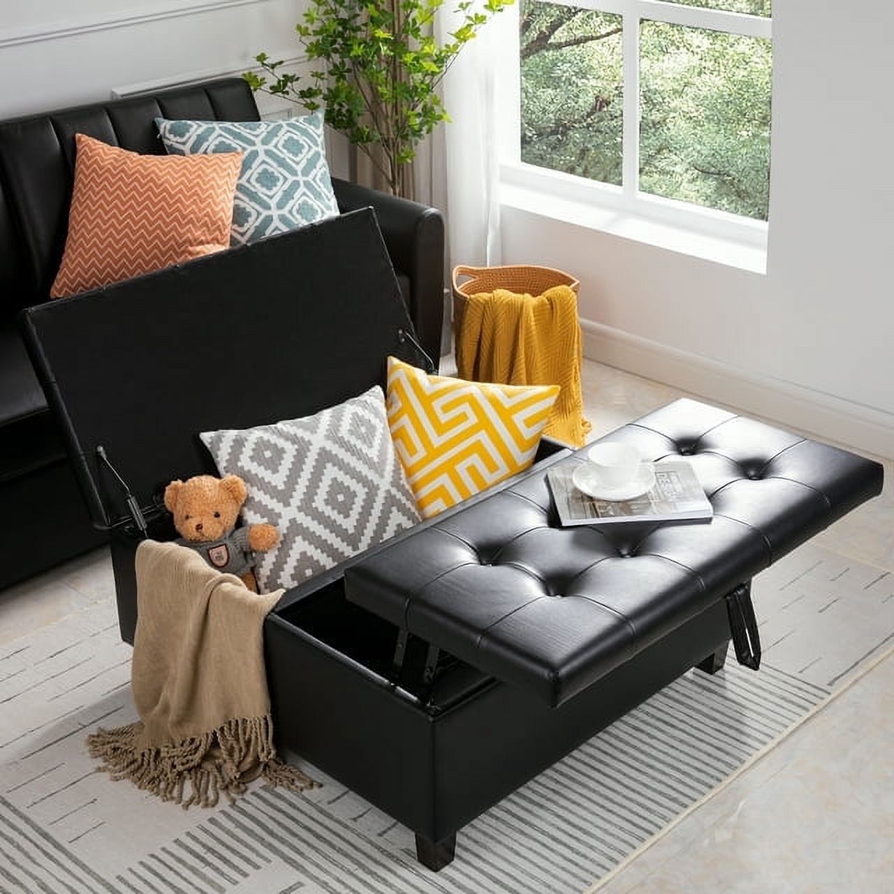 Charlotte 35 Inch Large Square Storage Ottoman Bench, Tufted Upholstered Lift Top Coffee Table Ottoman with Storage, Oversized Storage Ottomans, Toy Box, Air Leather Footrest for Living Room – Black