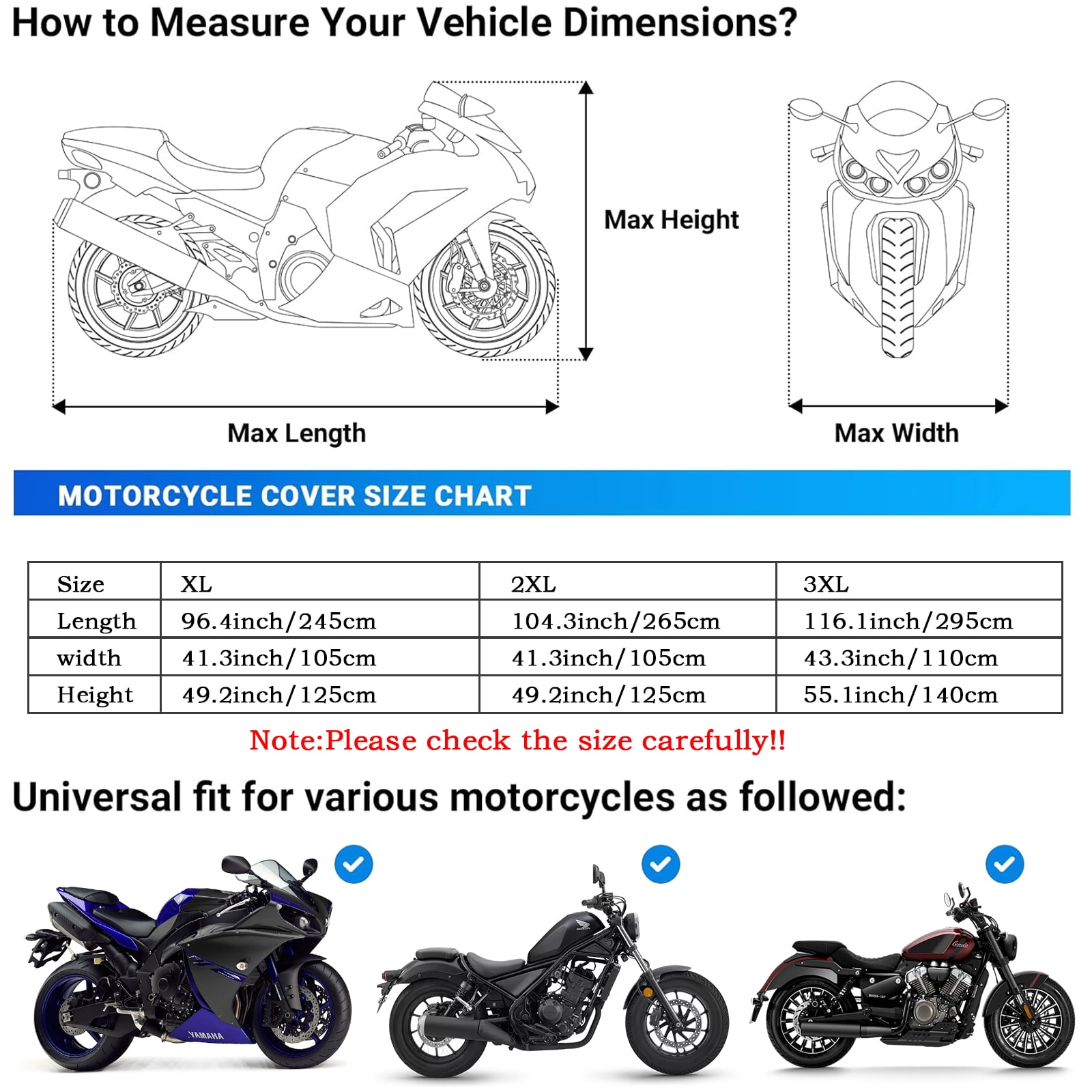 OFFCURVE Motorcycle Cover All Season XL,Waterproof Outdoor UV Protection with Lock-Holes,1 Piece