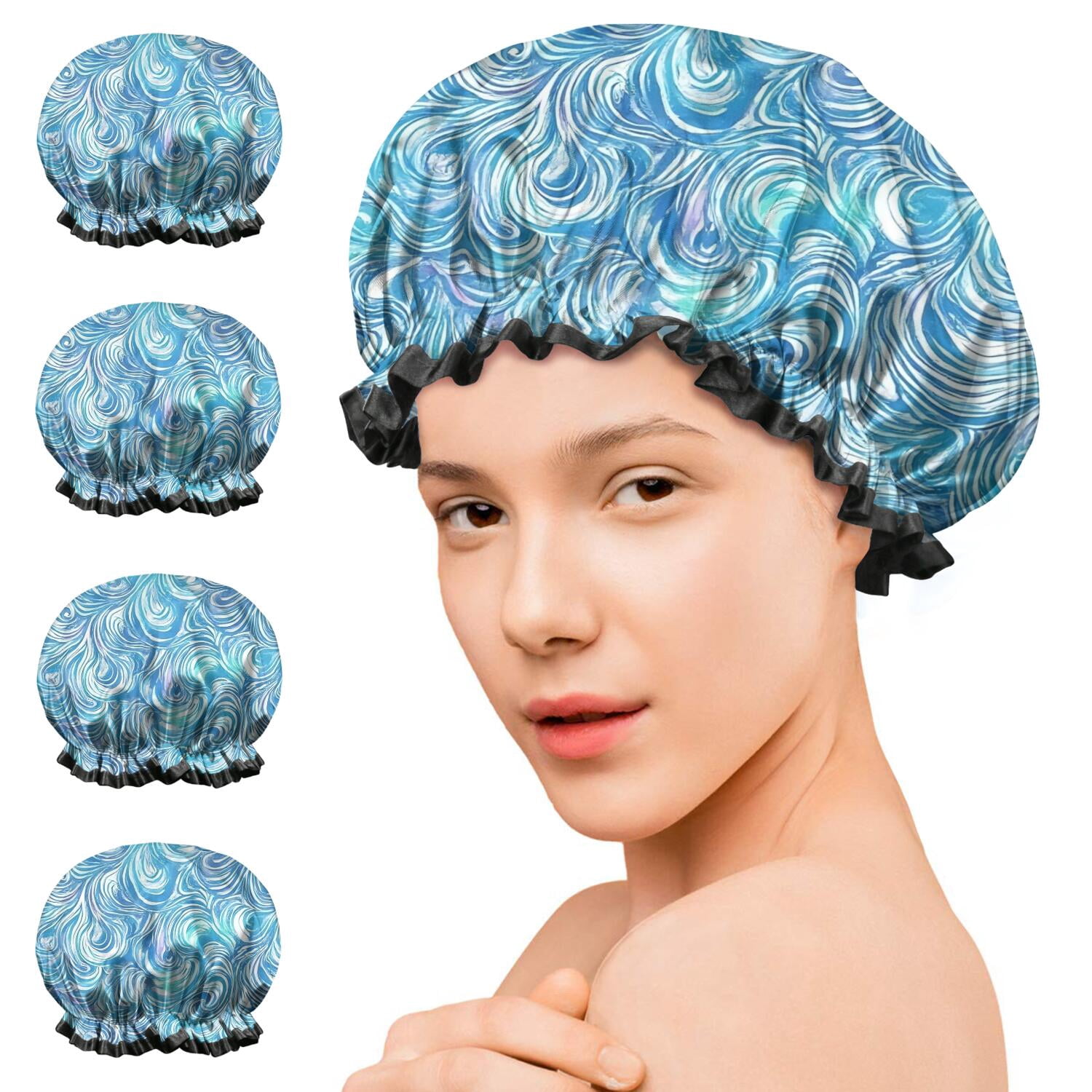 Shower Caps,Blue White Tie Dye Wave Pattern Waterproof Shower Cap for Women 4 Pieces,Double Reusable Hair Cover for Shower PEVA Elastic Stretch Hem